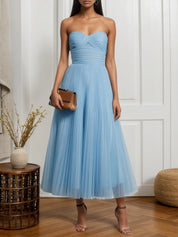 Light Blue Pleated Ruched Tulle Strapless Sleeveless A-Line Midi Dress