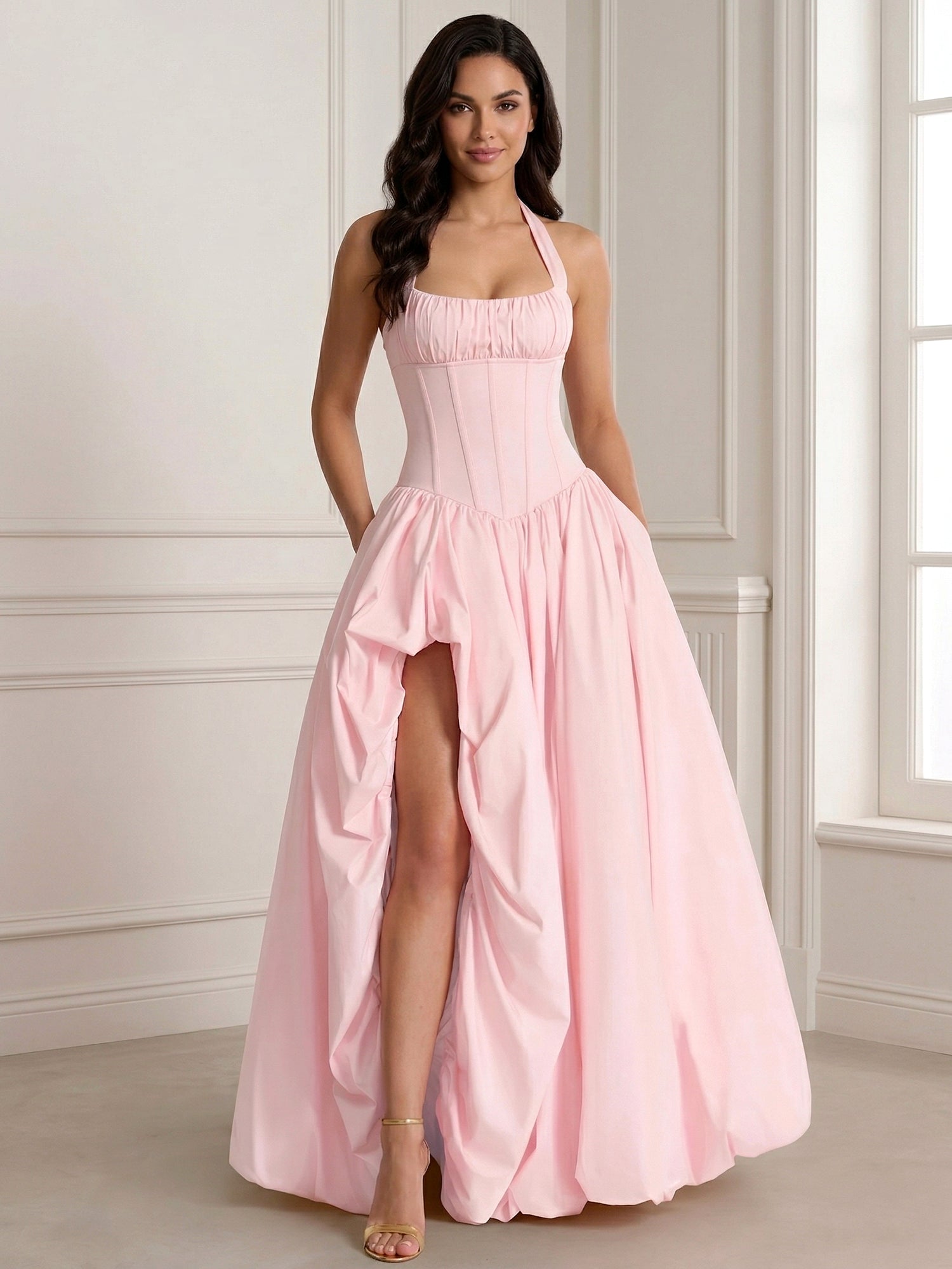 Glamorous Blush Pink Halter Corset Evening Paty Dress Gown