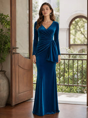 V-Neck Long Sleeve Ruched Velvet Mermaid Evening Gown with Draped Sash
