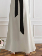 Formal Black and White Halter Cross-Neck Maxi Dress