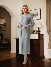 Grey Tea Length Chiffon Mother of the Bride Dress with Sequin Jacket