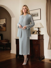 Grey Tea Length Chiffon Mother of the Bride Dress with Sequin Jacket