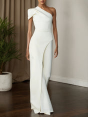Women White Ruched One Shoulder Short Sleeve Regular Sleeve Dressy Top with Pants Two-Piece Set