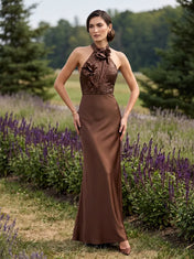 Halter Sequin Bodice Satin Column Evening Dress with 3D Rosette Accents