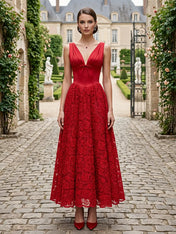 V-Neck Ruched Bodice Floral Lace Midi Evening Dress
