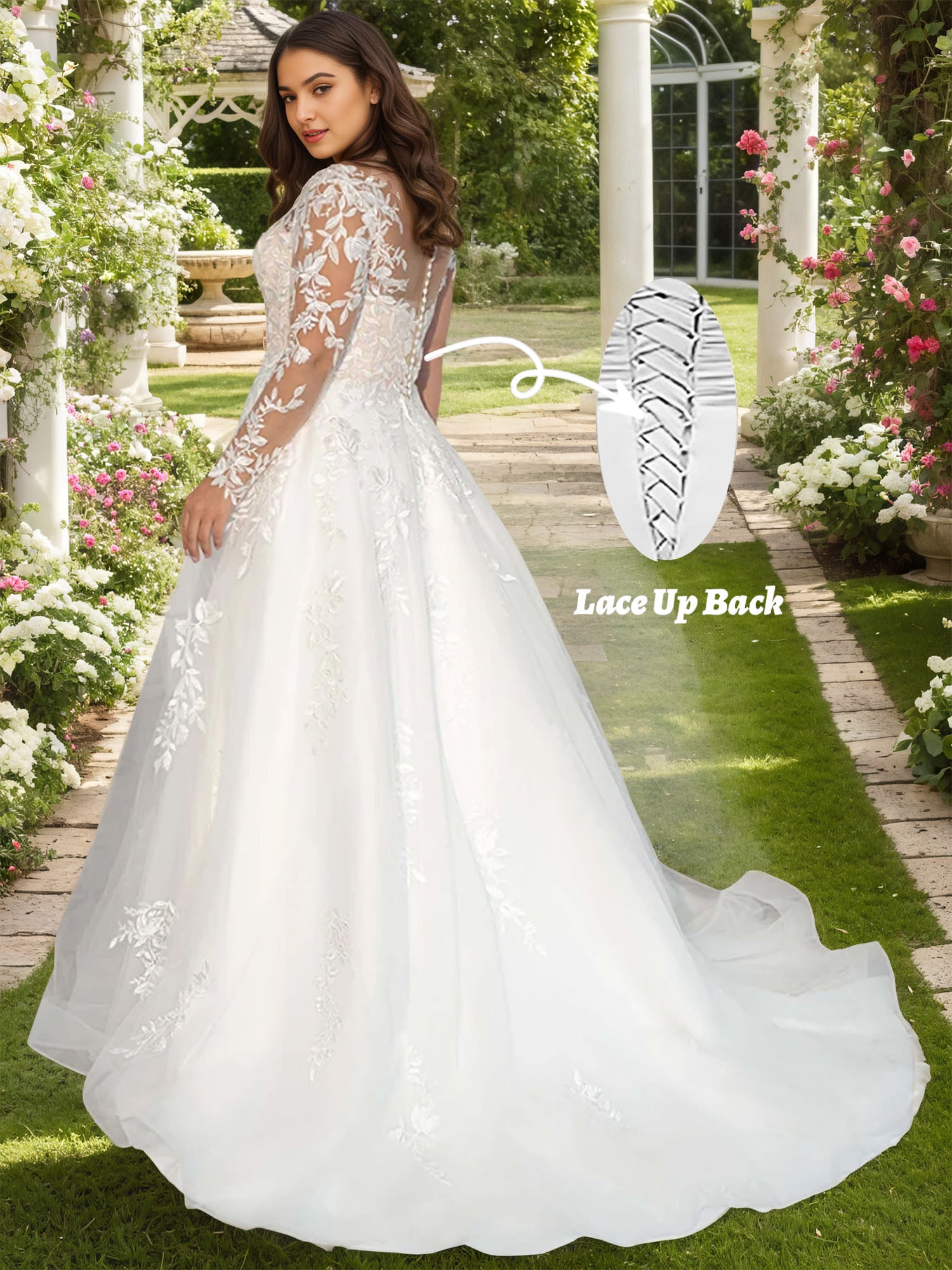 White Long Sleeves Wedding Dress Plus Size Applique V Neck Bridal Gown