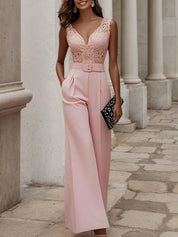 Women Pink Lace Deep V Neck Sleeveless Dressy Jumpsuit