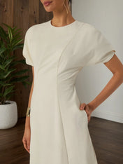 White Lyocell Cotton Crew Neck Short Sleeve Raglan Sleeves A-Line Midi Dress