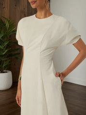 White Lyocell Cotton Crew Neck Short Sleeve Raglan Sleeves A-Line Midi Dress
