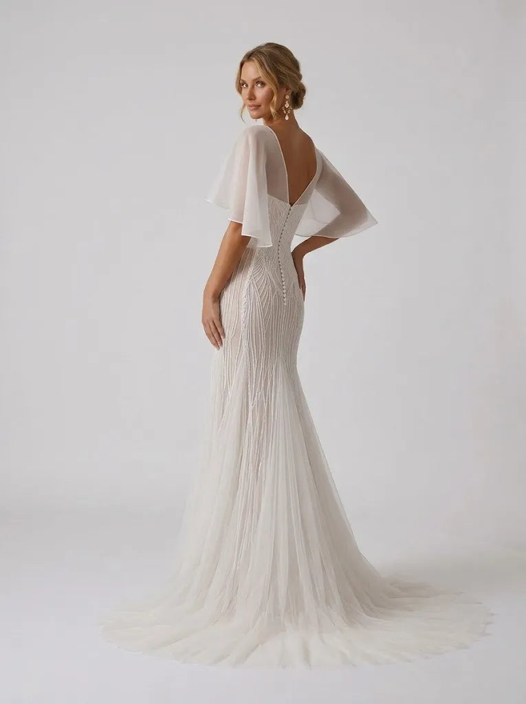 Flutter-Sleeve Asymmetrical Strappy Beaded Mermaid Bridal Wedding Dress