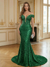 Sparkly Off The Shoulder Sequin Long Mermaid Corset Prom Dresses