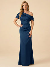 One-Shoulder Draped Satin Mermaid Mother of the Bride Dress Maxi Dress