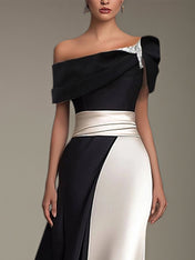 Party Formal Dress One Shoulder Short Sleeves Floor Length Satin Dress