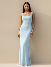 Regular Straps Light Blue Maxi Dresses for Women Mermaid Backless Evening Dress