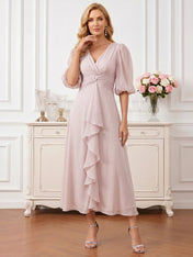 V-Neck Puff Sleeve Chiffon Midi Mother of the Bride Dress with Twisted Waist and Cascading Ruffles
