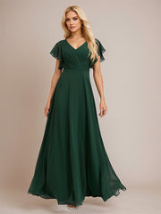 Dark Green A Line Chiffon V Neck Floor Length Bridesmaid Dress With Ruffle
