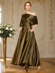 A-line Short Sleeves Pleated Ankle-Length Silk like Satin Mother of the Bride Dress