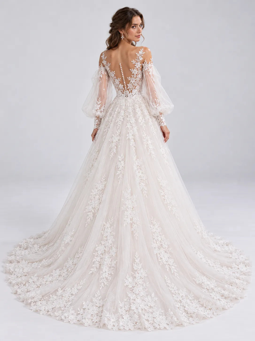 Off-the-Shoulder Bishop Long-Sleeve Lace A-Line Wedding Dress with Illusion Back and Cathedral Train