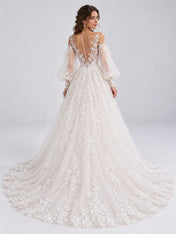 Off-the-Shoulder Bishop Long-Sleeve Lace A-Line Wedding Dress with Illusion Back and Cathedral Train
