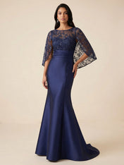 Navy Blue Flutter Sleeves Mermaid Evening Gown with Lace Capelet