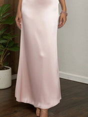 Formal Wedding Guest Dress Satin Pink Halter Neck Maxi Dress