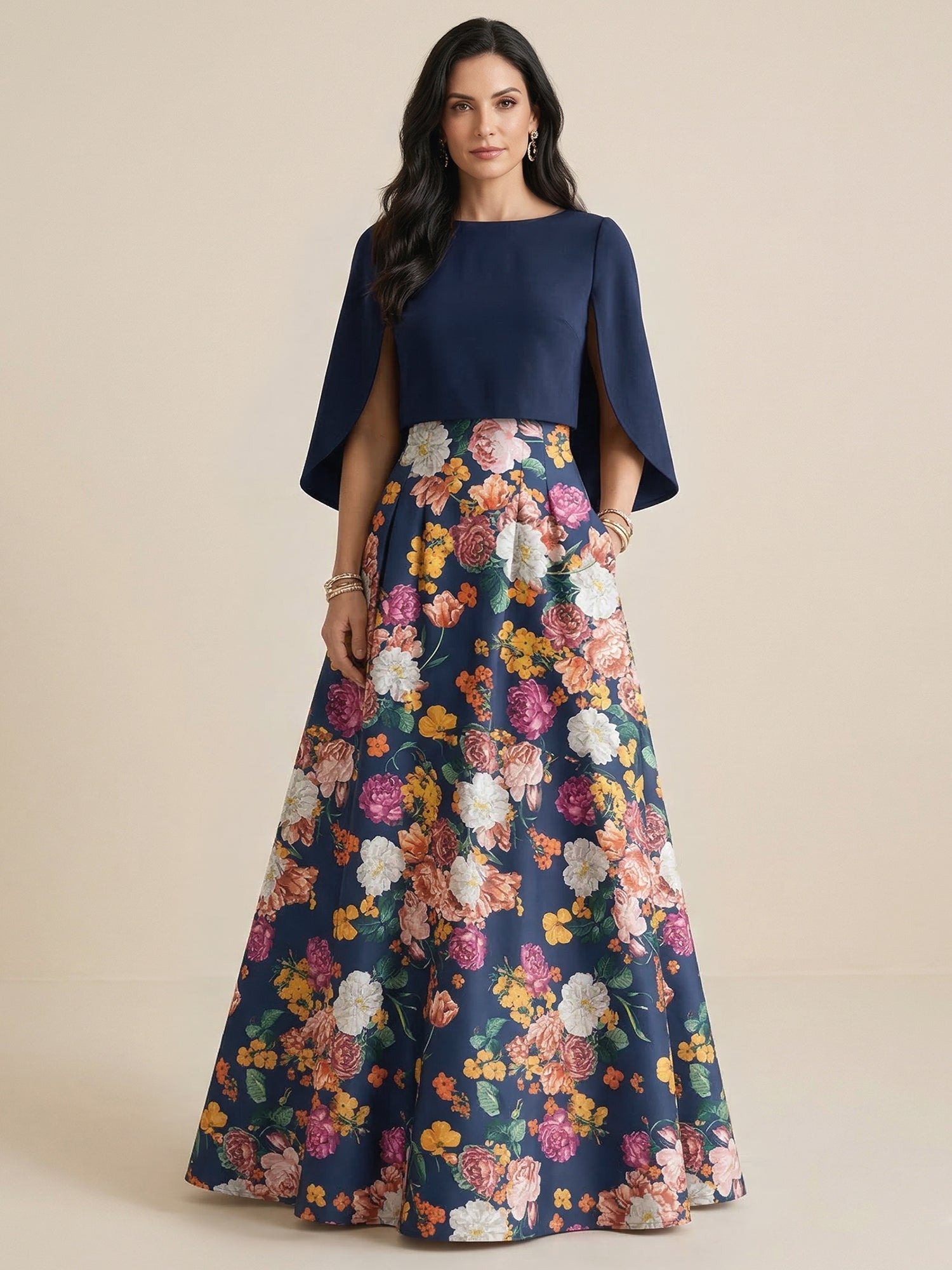 Navy Blue A-Line Crew Neck Satin Two-piece Print Flower Mother of the
