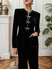 Black Bow Rhinestone Velvet Crew Neck Long Sleeve Sheath Maxi Dress