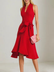 Cocktail Party Red V Neck Lace Up Knee Length Dress