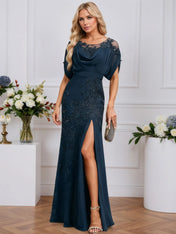 Sheath/Column Scoop Illusion Floor-Length Chiffon Lace Evening Dress With Pleated Sequins Beading