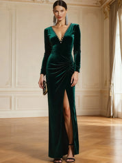 Formal Evening Dress Emerald Green Sheath V-Neck Velvet Maxi Dress with Slit