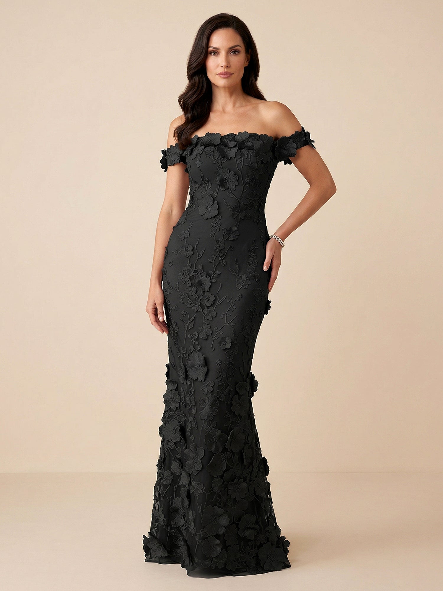Black Off-the-Shoulder 3D Floral Mermaid Formal Gown Evening Dress