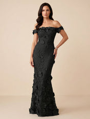 Black Off-the-Shoulder 3D Floral Mermaid Formal Gown Evening Dress
