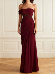 Formal Evening Dress Burgundy Off the Shoulder Ruched Maxi Dress