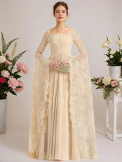 A-line Square Floor-Length Chiffon Lace Evening Dress With Beading Pleated