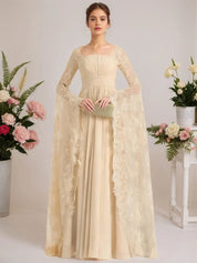 A-line Square Floor-Length Chiffon Lace Evening Dress With Beading Pleated