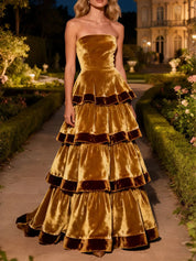 Brown Tiered Strapless A-Line Long Velvet Holiday Party Dress with Ruffles