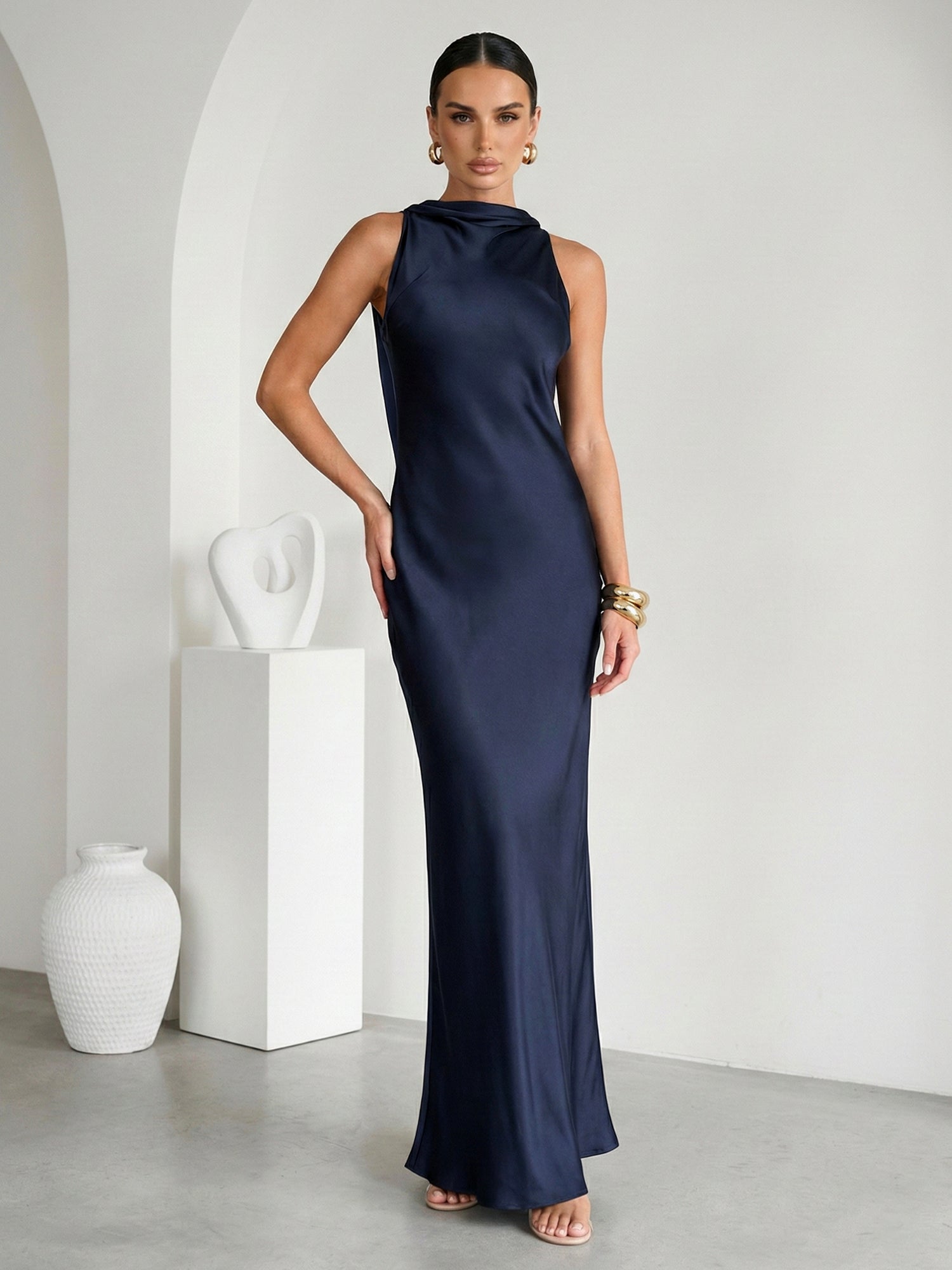 Navy Blue Scoop Neck Mermaid Satin Maxi Dress with Cape
