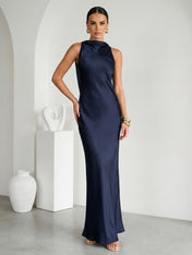 Navy Blue Scoop Neck Mermaid Satin Maxi Dress with Cape