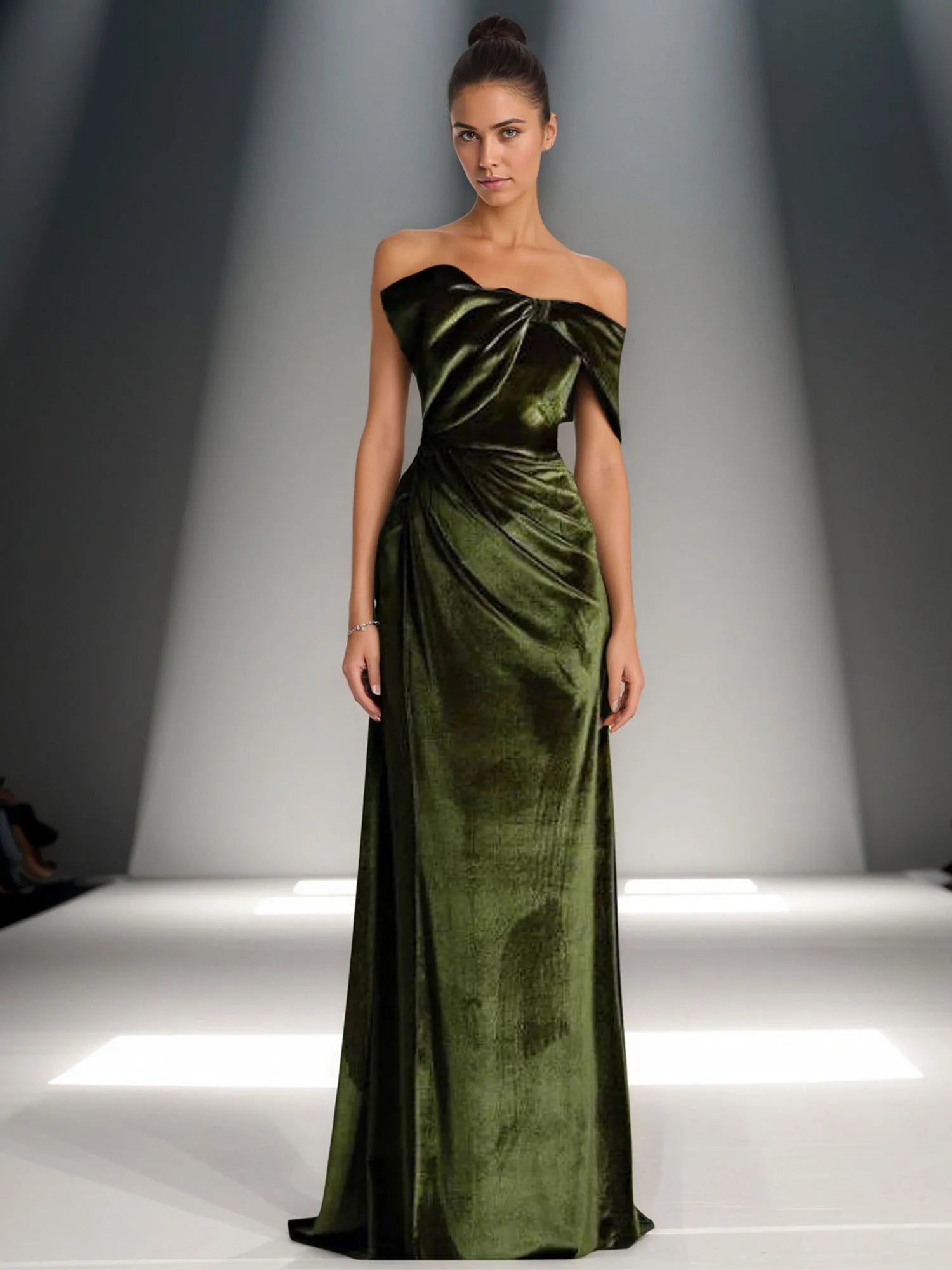 Off-Shoulder Bowknot Detail Velvet Maxi Gown Formal Evening Dress