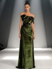 Off-Shoulder Bowknot Detail Velvet Maxi Gown Formal Evening Dress