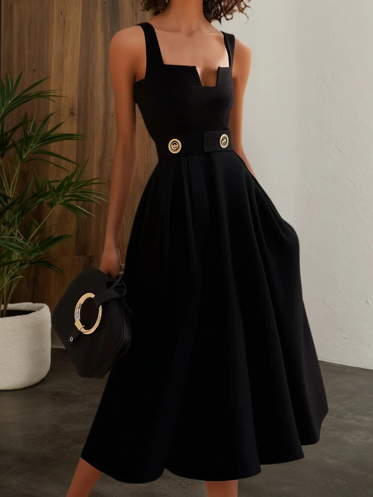 Black Buckle Notched Sleeveless A-Line Midi Dress