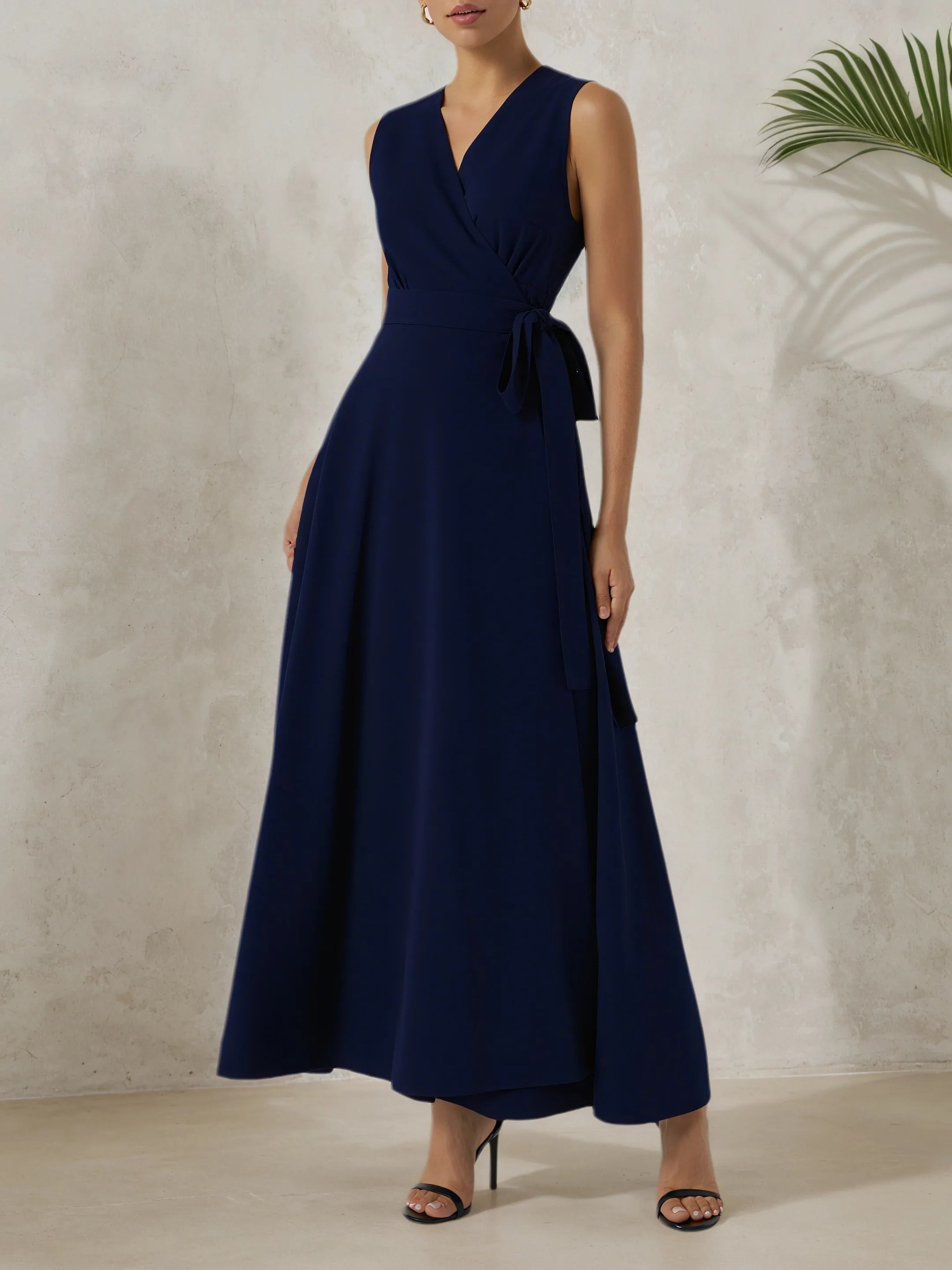 Purplish Blue Bow Lyocell Linen Wrap V Neck Sleeveless A-Line Maxi Dress