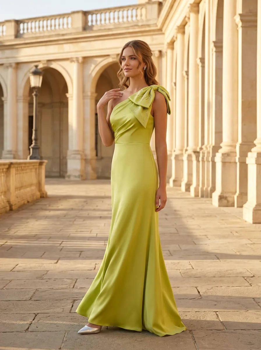One-Shoulder Beaded Bow Satin Long Evening Dress