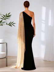 One-Shoulder Velvet & Gold Sequin Cape Maxi Gown with High Slit Formal Evening Dress