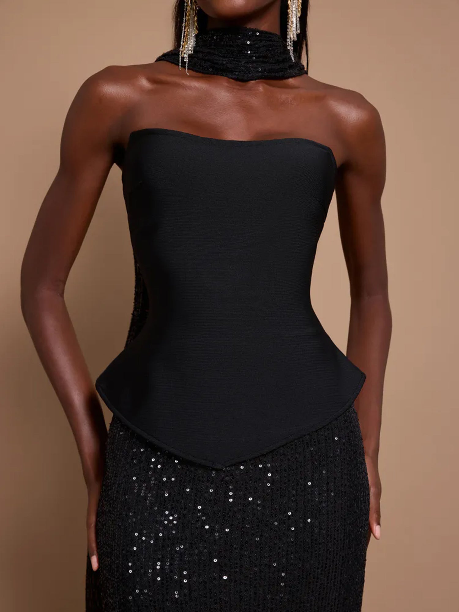 Off-Shoulder Bandage Top & Sequin Midi Skirt Set