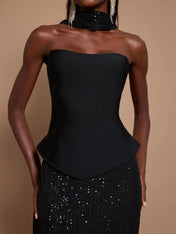 Off-Shoulder Bandage Top & Sequin Midi Skirt Set