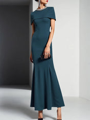 Formal Dress Mermaid Peacock Blue Crew Neck Cape Maxi Dress