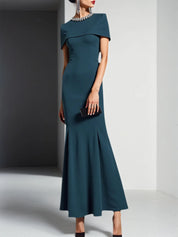 Formal Dress Mermaid Peacock Blue Crew Neck Cape Maxi Dress