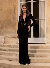 Long-Sleeve V-Neck Crystal Buckle Plum Velvet Column Evening Dress