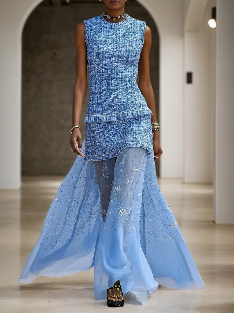 Blue Rhinestone Tassel Tweed Crew Neck Sleeveless A-Line Maxi Dress